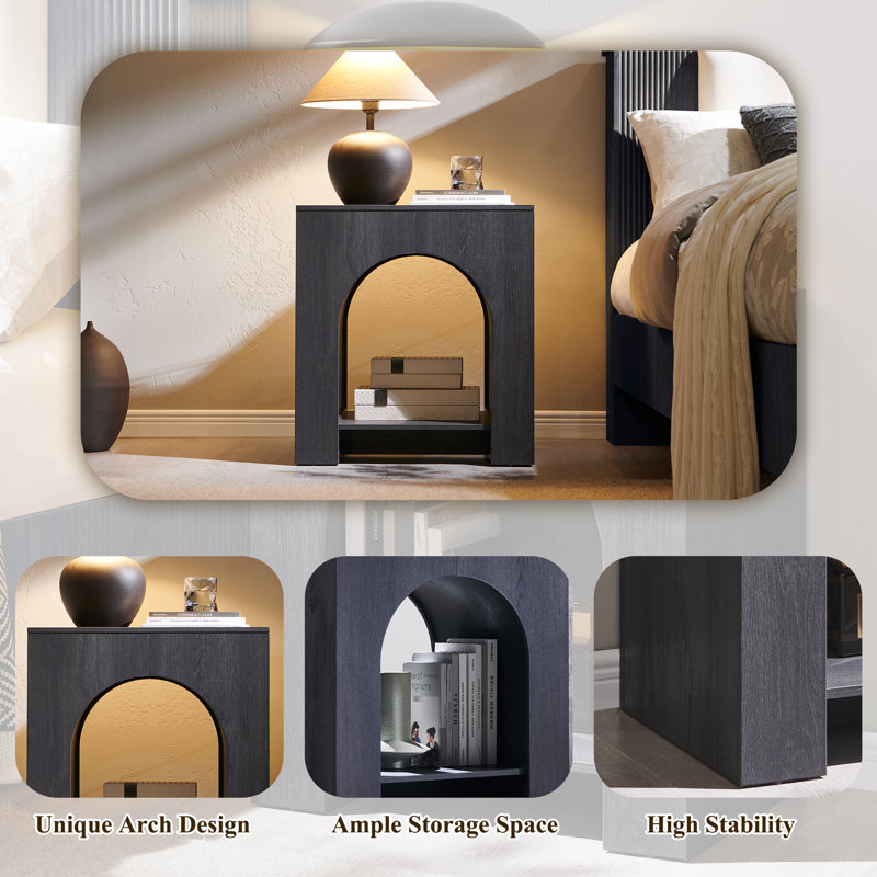  Arched Nightstand with Type-C Charging Station,Modern Bedroom Night Stand Featuring Arched Open Shelf, Gray, Individual