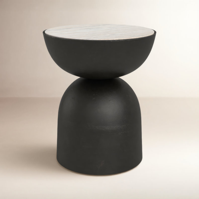 Earlie Seraphine Pedestal End Table, Creamy Taupe Marble, Hammered Gray