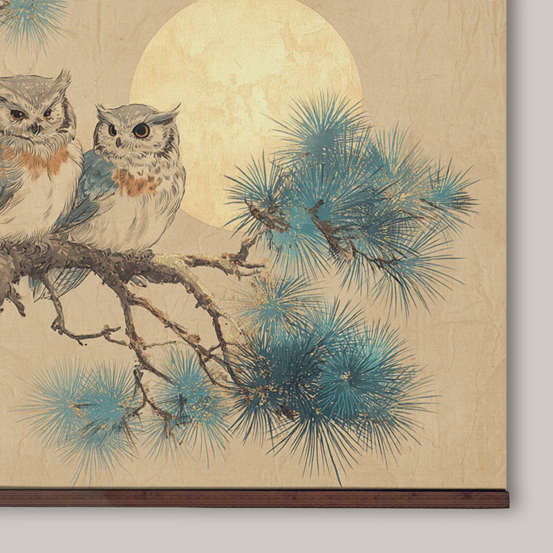 Tapisserie d'art extra large chouettes sur une branche, H 40 po x l 60 po