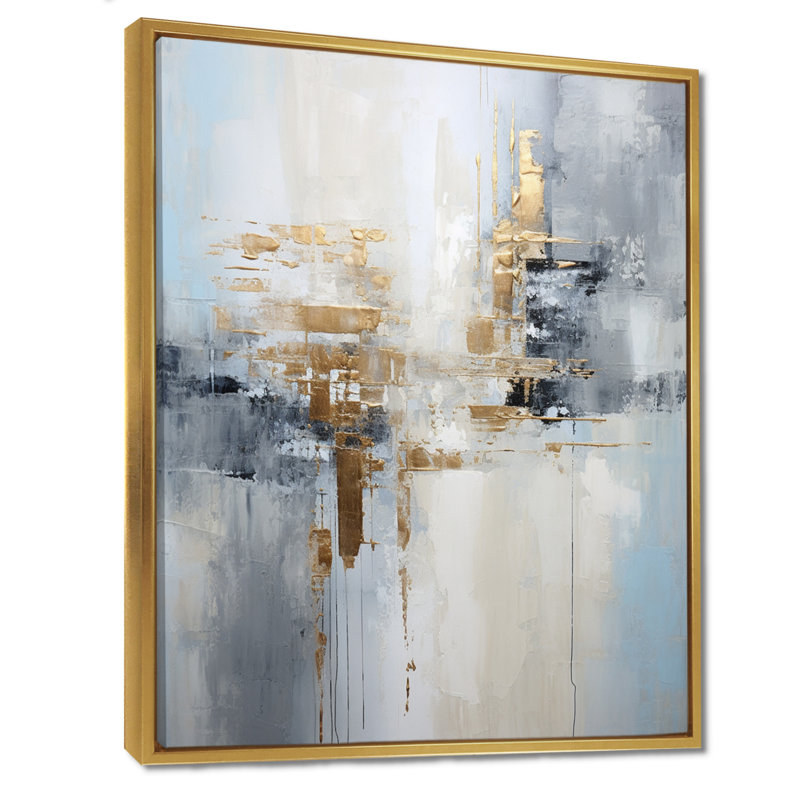 «Gold Memories On Faded Blue», art mural abstrait, Toile avec cadre flottant or, H 40 po x l 30 po x P 1,5 po
