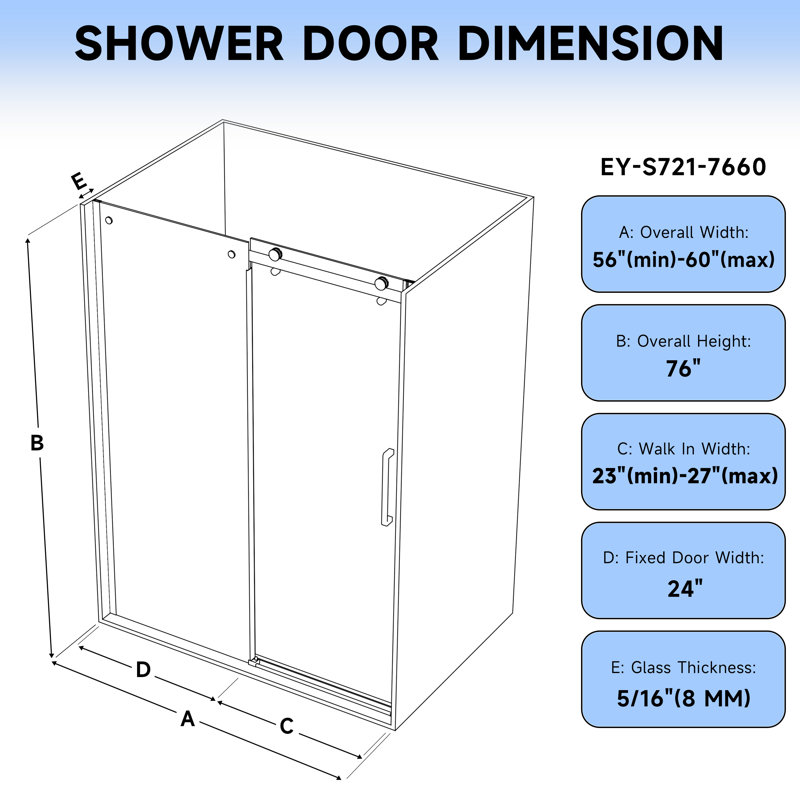 Porte de douche coulissante simple sans cadre de 56 à 60 po x H 76 po avec verre trempé transparent de 5/16 po (8 mm)