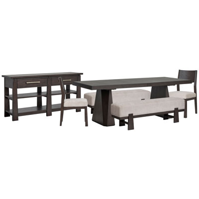 Table de salle à manger à tréteaux avec 2 bancs, 2 chaises d'appoint et un buffet