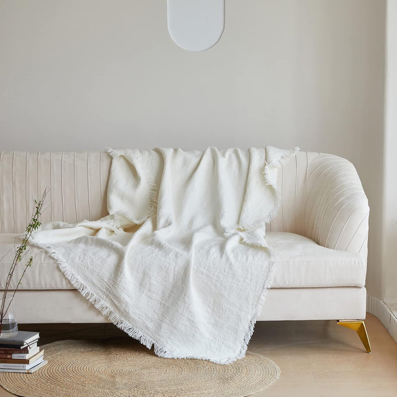 100% Linen Soft Throw Blanket With Fringe Solid Color, White
