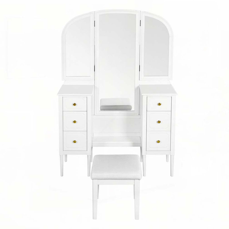 Bureau de coiffeuse antique avec miroir triple, ensemble de coiffeuse à 6 tiroirs avec tabouret, miroir pleine grandeur pour le vestiaire de la chambre à coucher, blanc