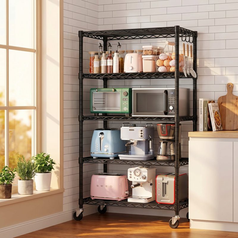  Étagère grillagée robuste à 5 niveaux certifiée NSF - l 24 po x P 18 po x H 72 po réglable à 3 segments avec roues et crochets verrouillables, support de rangement en métal noir pour la cuisine, le garage et le garde-manger