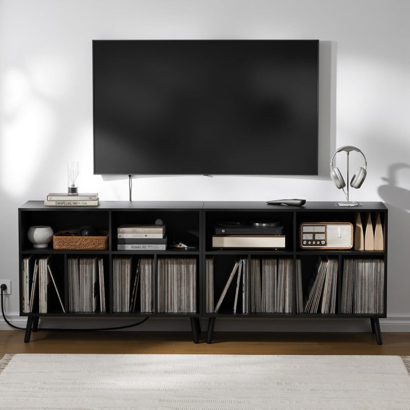 Mid-Century Modern Vinyl Record Storage Cabinet 6-Cube Media Console with Built-in Power Strip