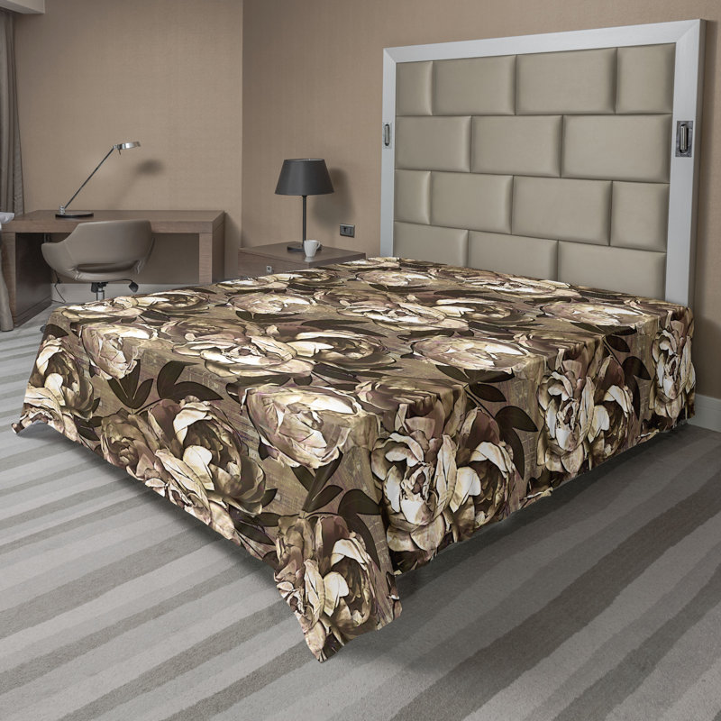 Ambesonne Vintage Flat Sheet Abstract Nostalgic Peony Pale Brown and Dark Cocoa, California King Flat Sheet