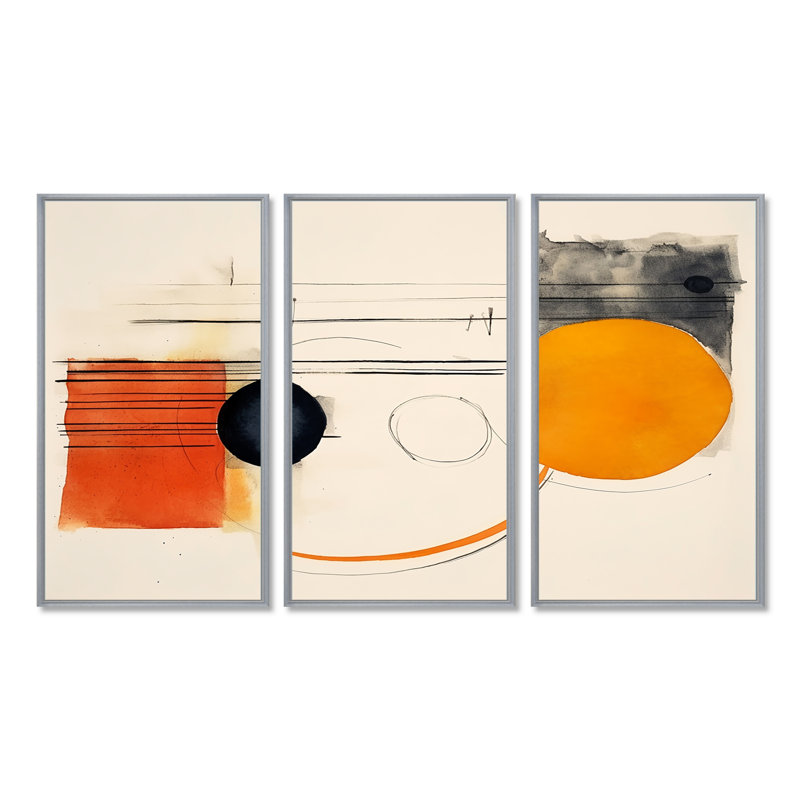 Lune orange abstraite, minimalisme rétro - ensemble d'art mural abstrait, Encadrement argenté, H 40 po x l 60 po x P 1 po