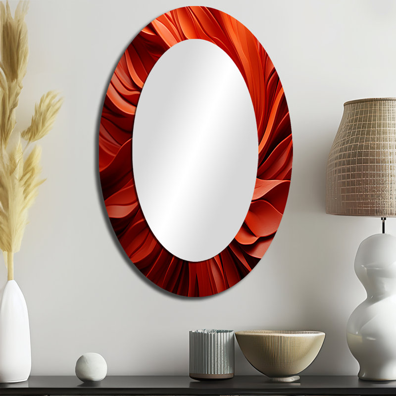 Orange And Red Abstract Spiral Dreamscape I - Large Oval Wall Mirror On Metal, 36" x 24"