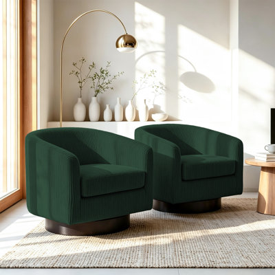 Fauteuil pivotant Frankie en velours côtelé vert foncé avec base en bois massif