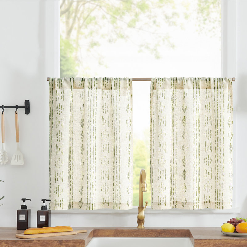 Boho Cafe Curtains Linen Small Window Curtains, 26" W x 36" L, Beige/Green