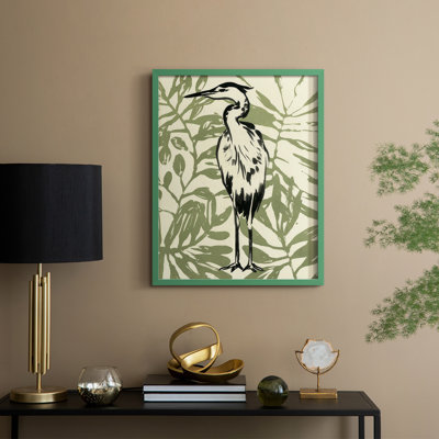 Retro Parlor Heron II Framed Print - Solid Wood