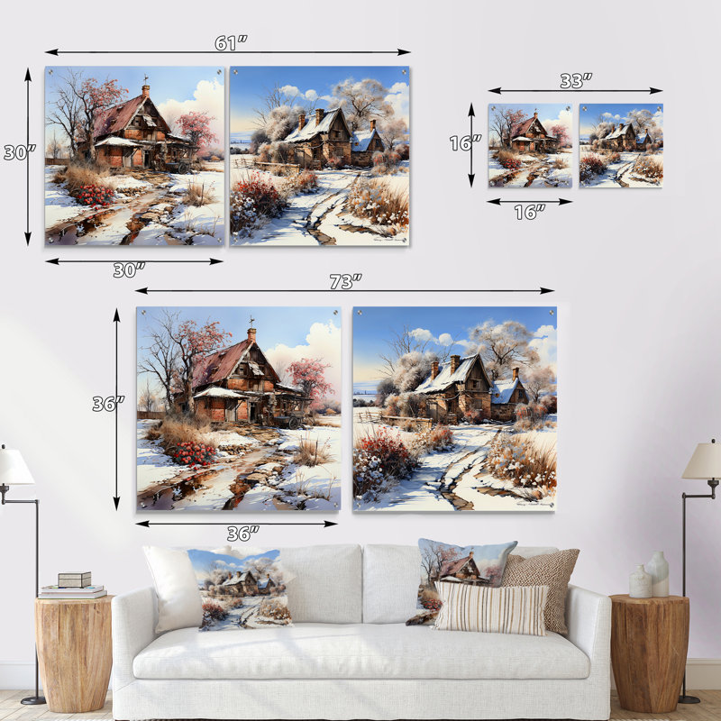 Barn Charm In Winter - Barn Acrylic Wall Art Glass Set Of 2, 16" H x 33" W