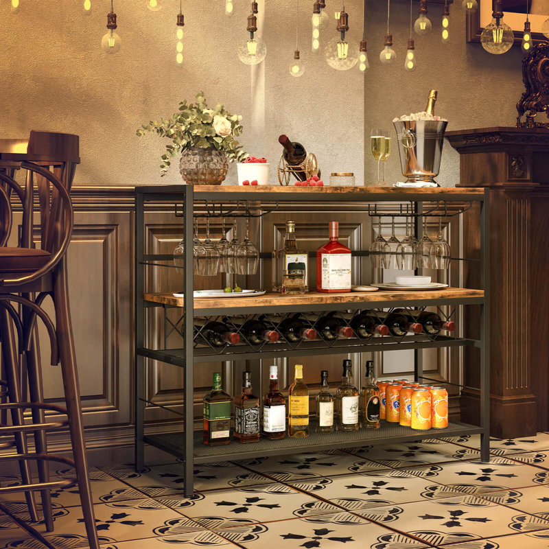 41" Wine Rack With 4 Glass Holders Wide Countertop Middle & Bottom Storage Shelves