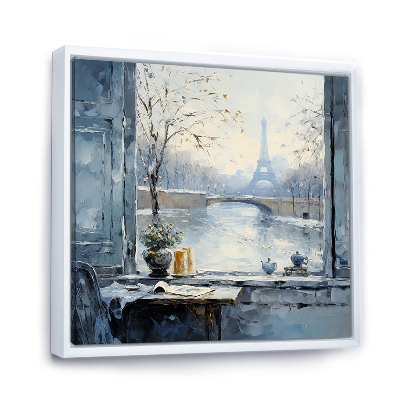 Hiver Paris, Tour Eiffel, ville, charme III - Art mural de Paris, Cadre flottant blanc, H 16 po x l 16 po x P 1 po