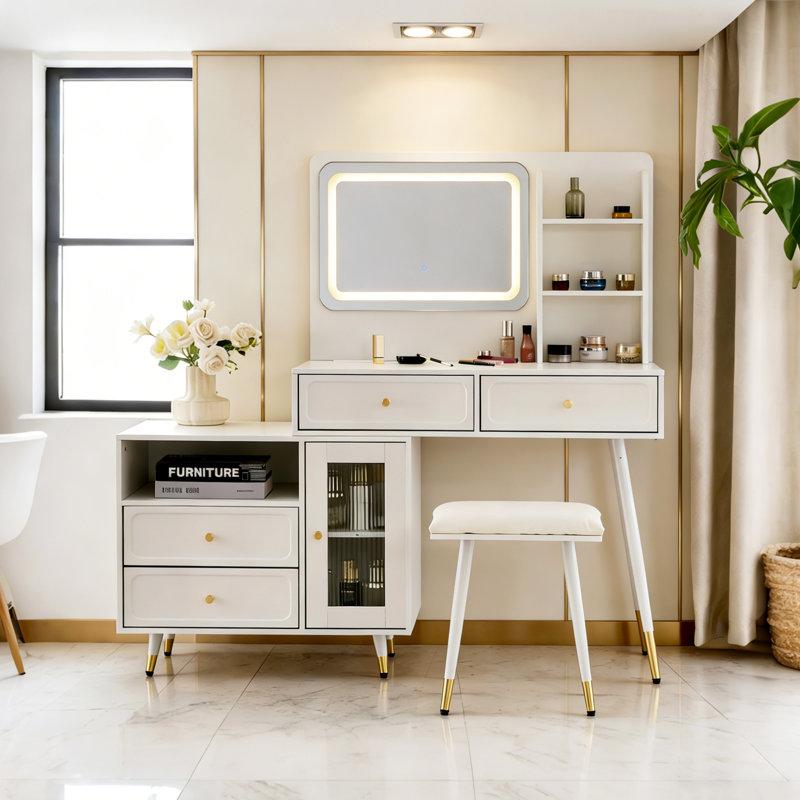 Retractable Makeup Vanity Desk With Mirror And Lights, 2 Drawers, Storage Shelves, Adjustable Cabinet, Power Outlet And A Stool