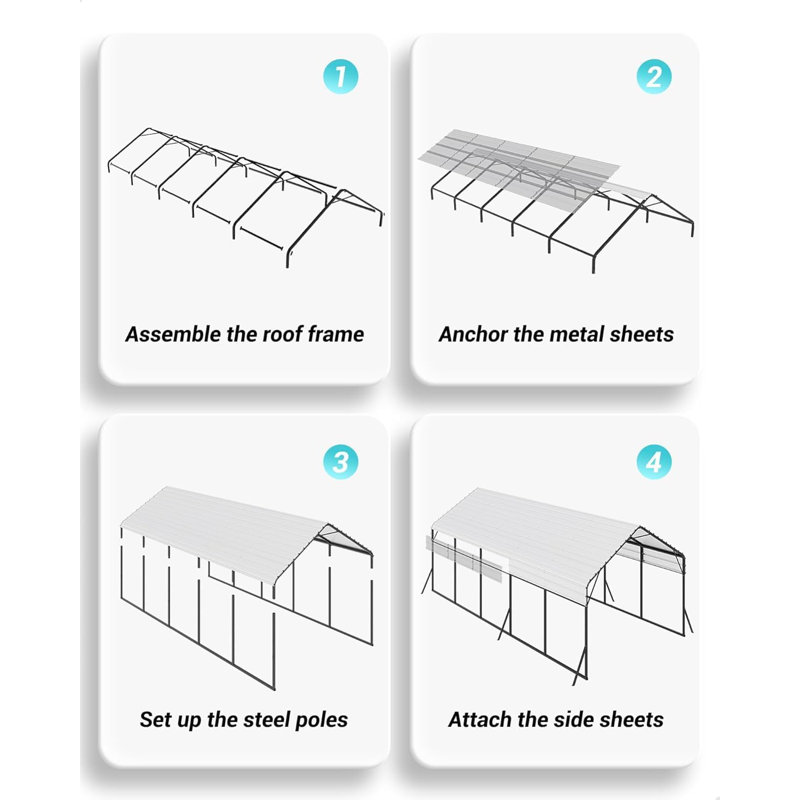 13x26 ft Heavy Duty Metal Carport with Steel Frame and Side Reinforcements – Outdoor Vehicle Shelter Canopy, Grey