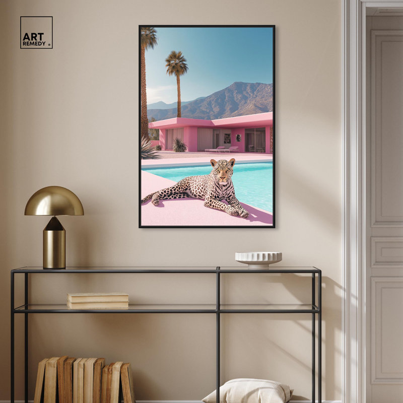 Art Remedy, toile d'art moderne tigre, maison rose léopard, Cadre flottant noir, H 37 po x l 25 po