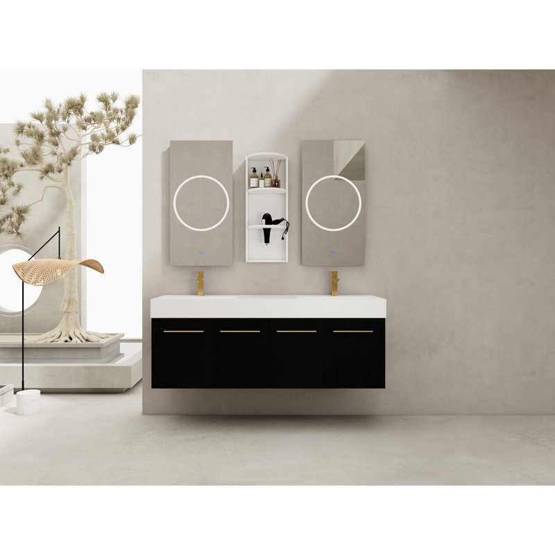 Meuble-lavabo de 60 po avec support de rangement, lavabo double en résine, finition châtaignier noir, charnières à fermeture douce, matériau en pouces, châtaignier, meuble-lavabo mural, portes, fabrication en contreplaqué