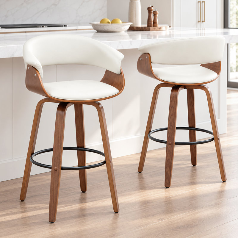 Tabourets pivotants Mid-Century rembourrés en similicuir Devlin, Blanc, Tabouret de bar (siège d'une hauteur de 29,5 po)