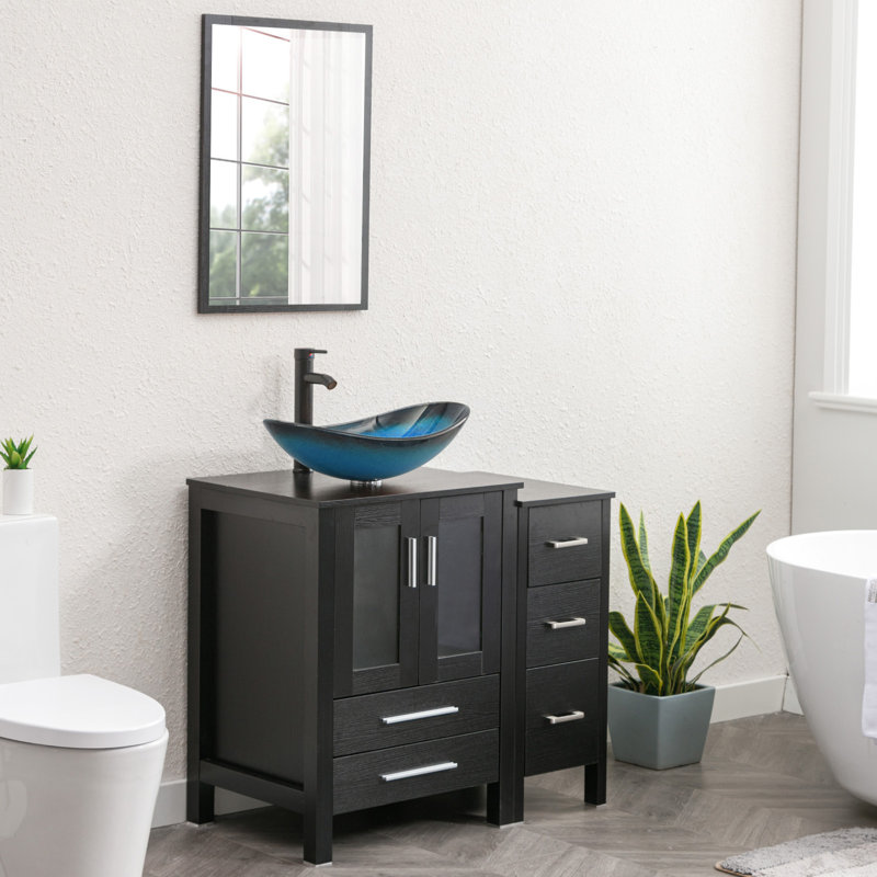 Base color：WhiteSink color：Gold 36'' Free Standing Single Bathroom Vanity with Manufactured Wood Top, Vessel Sink, Faucet, Drain