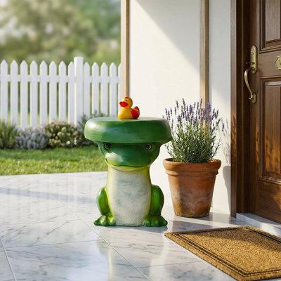 Concrete Frog Stool Outdoor Garden Seat, GFRC Animal Side Table, Decorative Patio Stool for Kids & Home Decor, Small Accent Furniture, Green 15 Inch