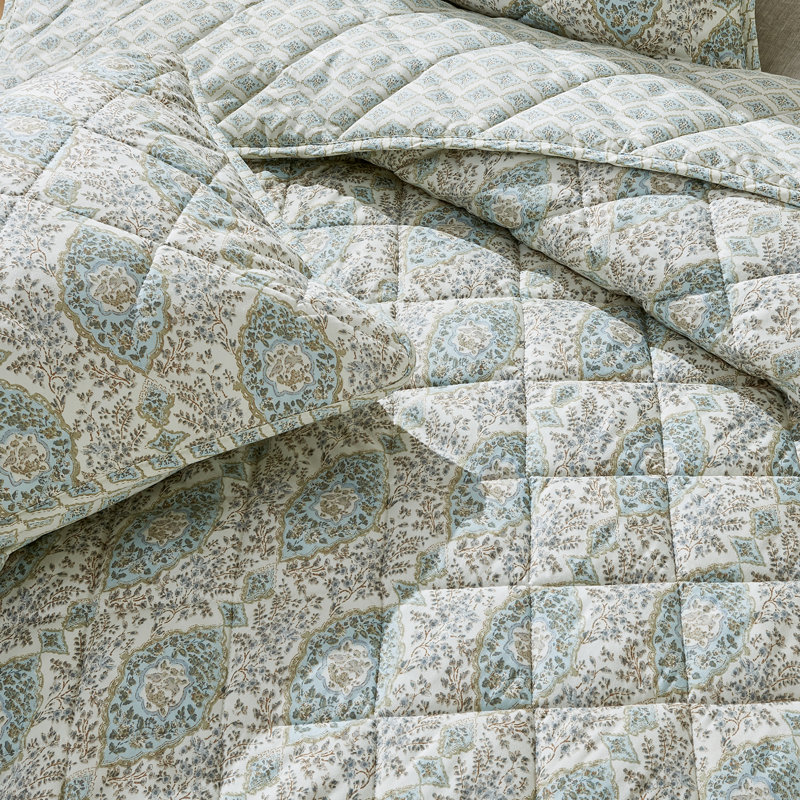 Blue Taupe Floral Reversible Twin Quilt Set with Shams