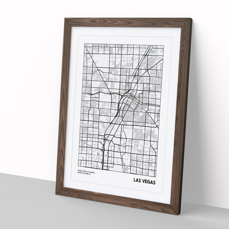 Map Las Vegas USA - Picture Frame Graphic Art, 36cm H x 27cm W x 2cm D, Walnut