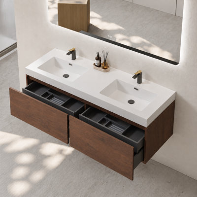 72" Modern Wall-Mounted Double Bathroom Vanity with Dark Walnut Finish, Nested Drawers and Integrated Glossy White Sink