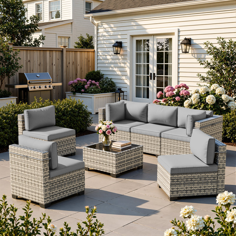 7-Piece Outdoor Sectional Sofa Set With HDPE Wicker, Cushions & Coffee Table, Modular Patio Conversation Set, Gray