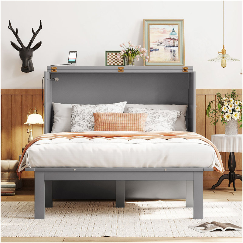 Lit escamotable double avec port USB et tablettes amovibles de chaque côté, gris