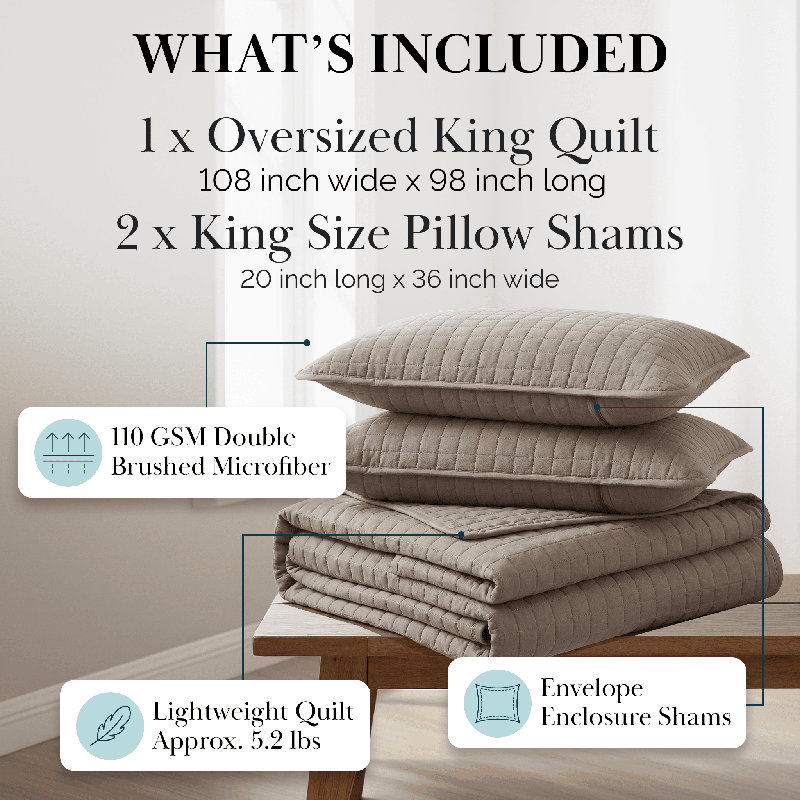 Southshore Fine Linens Vilano Oversized Quilt Set, Double-Brushed Microfiber Lightweight Quilted Bedding and 2 King Pillow Shams, King/California King, Dark Taupe