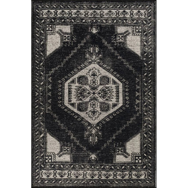 Black Traditional Checkered Floral Woven Base Washable Carpet, Rectangle 3'4" x 5'