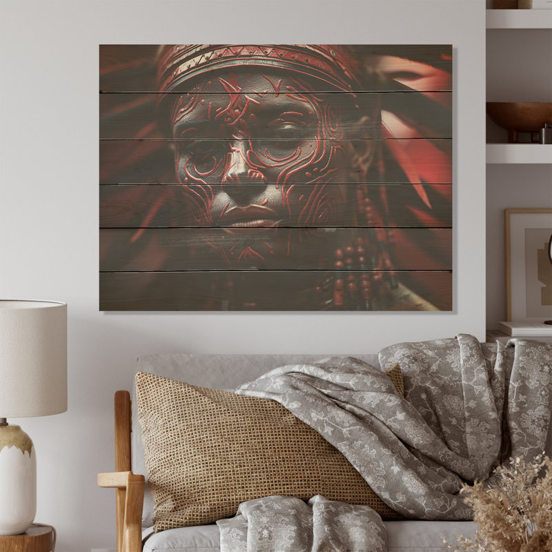 Guerrier aztèque rouge et noir - Masque africain, art mural sur bois de pin naturel, H 10 po x l 20 po