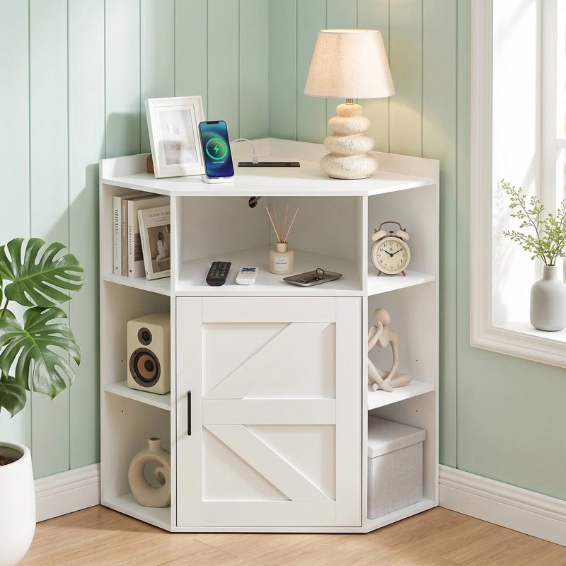 Corner Cabinet With Charging Station, Modern Home Office Storage Cabinet With 2 Outlets And 2 USB Ports, Triangle Bookshelf And Printer Stand With Barn Door For Small Spaces