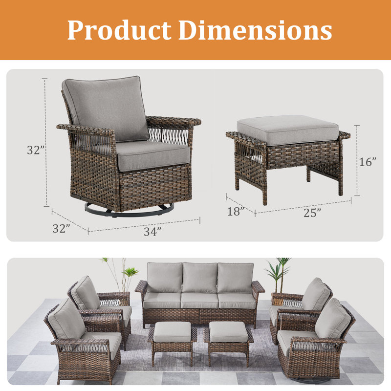 Joachin Swivel Wicker Outdoor Lounge Chair with Ottoman, Gray