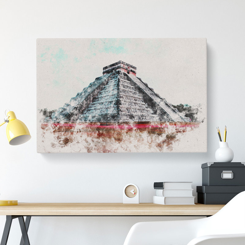 Chichen Itza In Mexico Watercolour - Wrapped Canvas Print, 50cm H x 76cm W x 3cm D