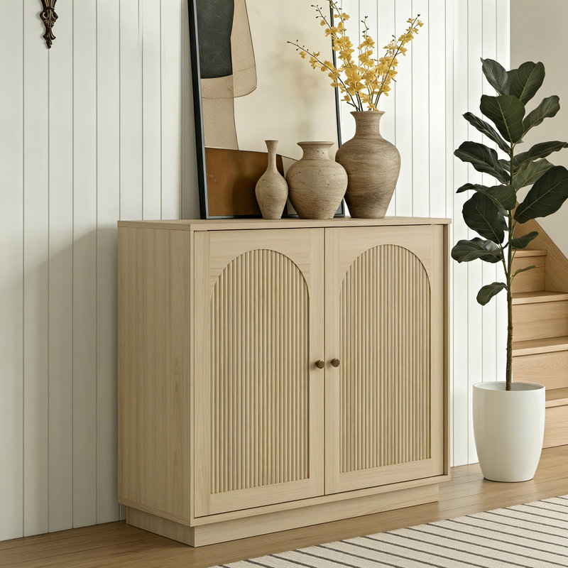 Modern Buffet Cabinet With Storage, Fluted Sideboard Accent Cabinet With Adjustable Shelves & Arched Doors, Modular Coffee Bar Credenza For Dining Room Kitchen Living Room Entryway, Natural