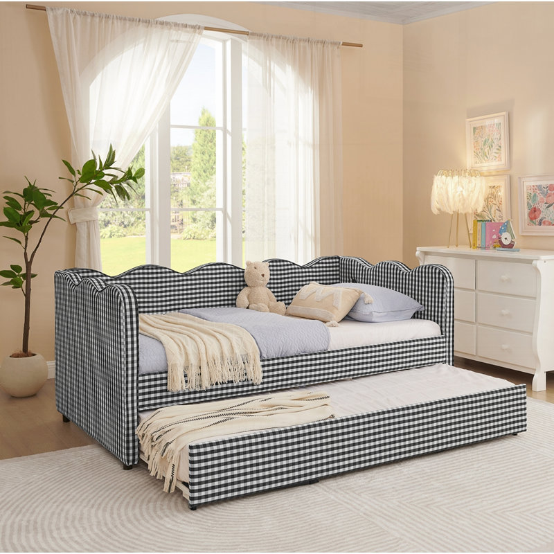 No Box Spring Needed Cozy Gingham Daybed with Twin Size Trundle and USB Port and Adorable Wave Shaped, Twin, Black