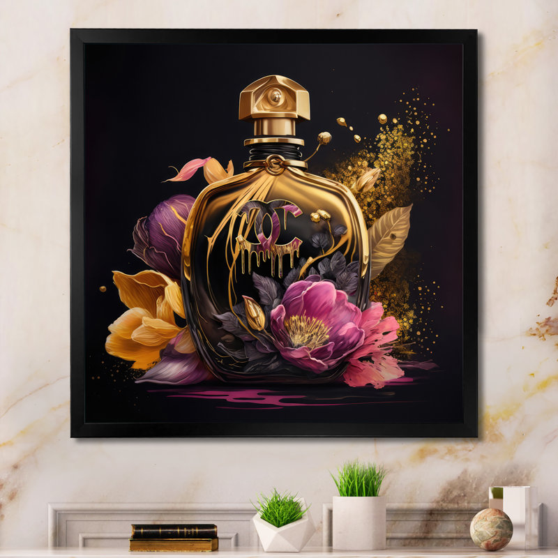 «Chic Black and Gold Perfume Bottle III - Floater Frame», impression sur toile, Toile avec cadre flottant noir