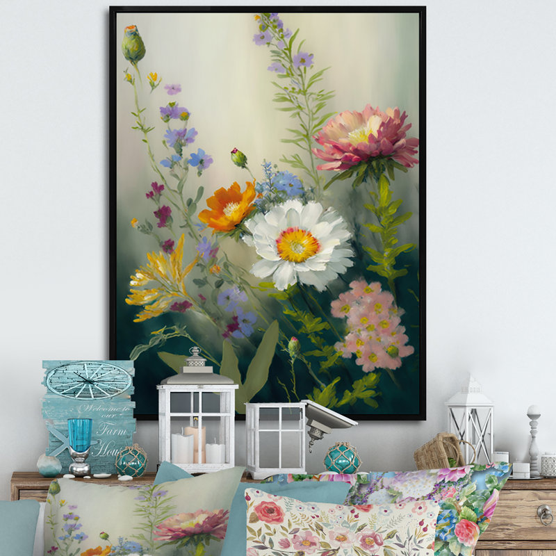 «Painted Blossoming Wildflowers VI», art mural floral, H 40 po x l 30 po x P 1,5 po, Cadre flottant noir