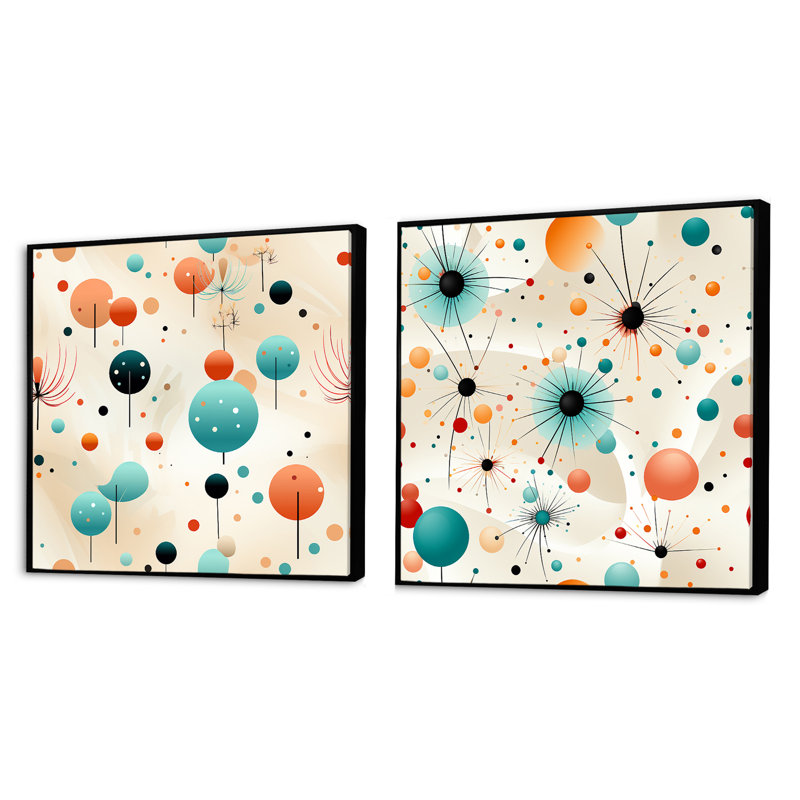 Blue Funky Polka Dot Floral Delights - formes abstraites carrées, ensemble de 2 collages, Cadre flottant noir