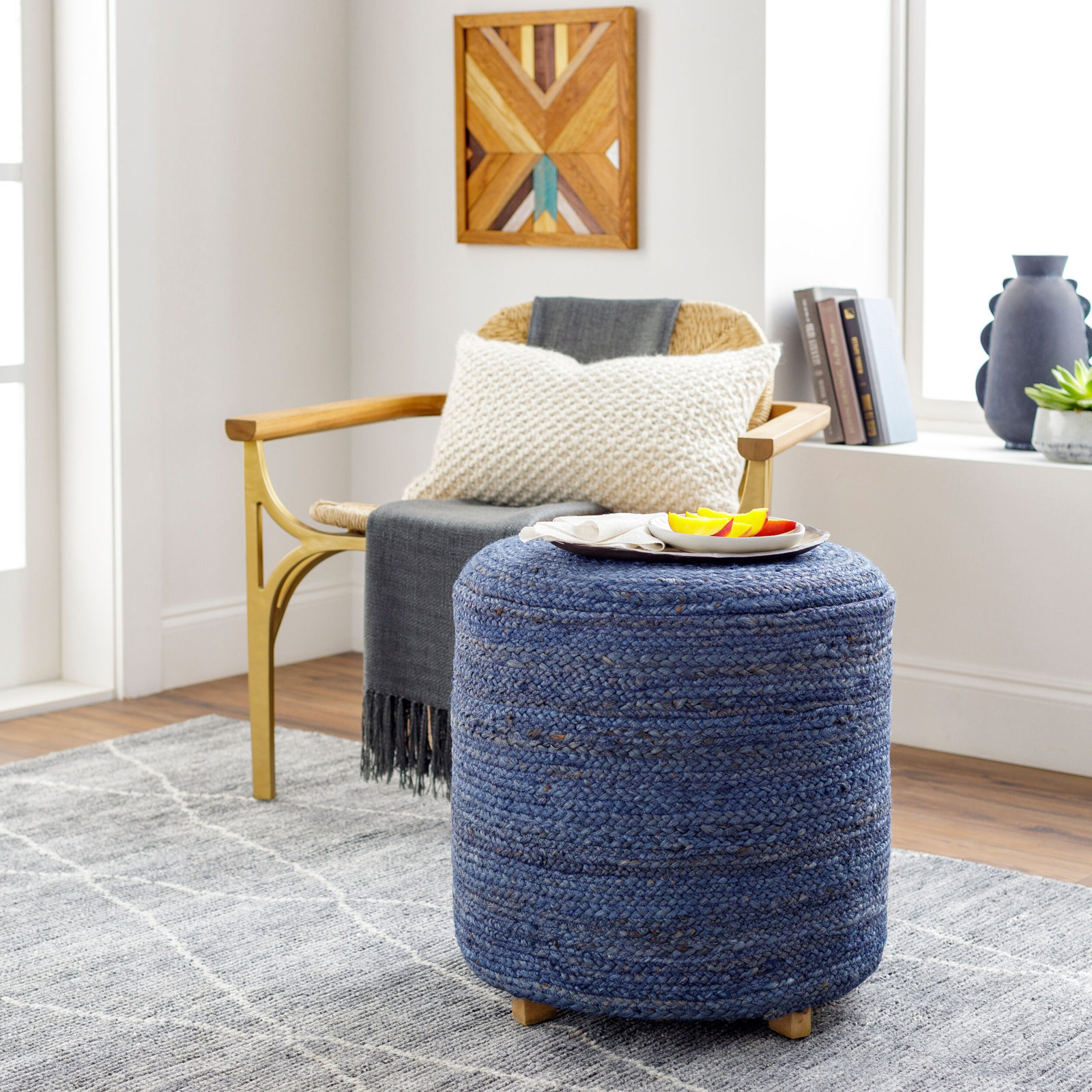 Kerrin Upholstered Ottoman, Dark Blue Jute