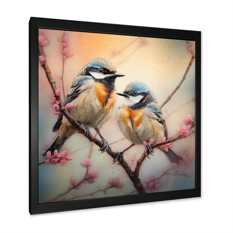 Deux oiseaux bleus sur un arbre en fleurs II - Art mural floral pour salon, H 16 po x l 16 po, Cadre photo noir