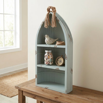 Juniper Blue Wood Canoe Shelf with Rope Accent, Coastal 3-Tier Freestanding Display, 34.25"