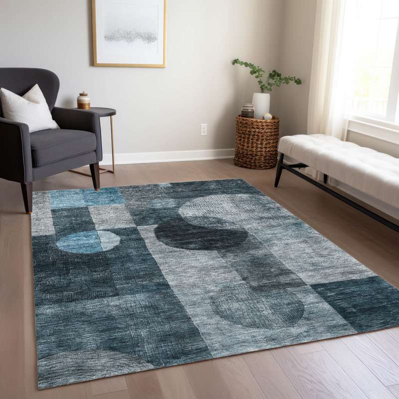 Teal Rectangular Machine Washable Synthetic Area Rug, 3' x 5'