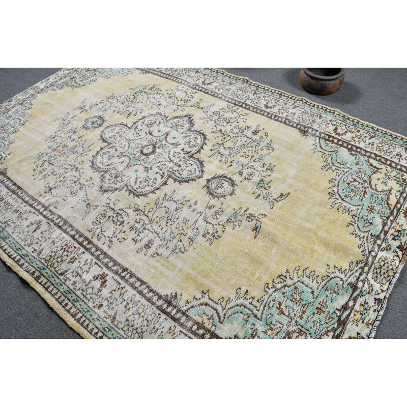 Tapis tribal jaune Oushak fabriqué à la main de style rétro Oushak jaune / vert