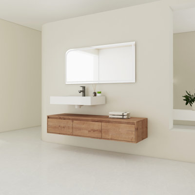 Meuble-lavabo mural de 60 po avec lavabo en résine, tiroir à fermeture en douceur et fixation flottante