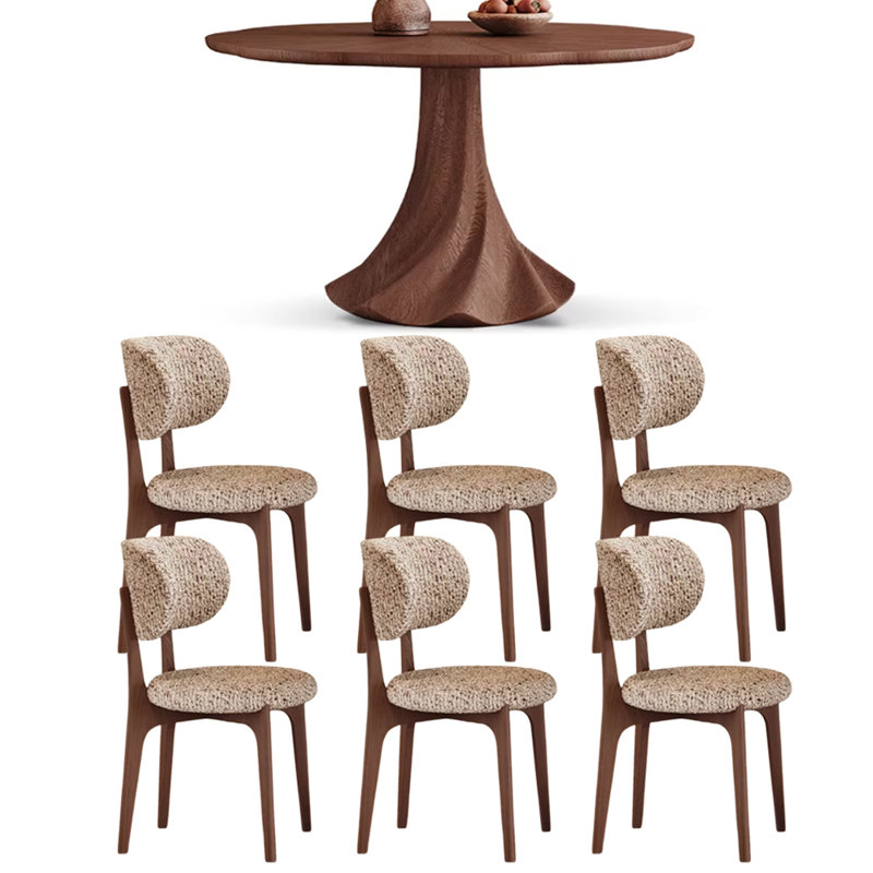 Table ronde brune foncée de forme intéressante, 7 pièces : table, 6 chaises, H 29,52 po x l 47,24 po x P 47,24 po