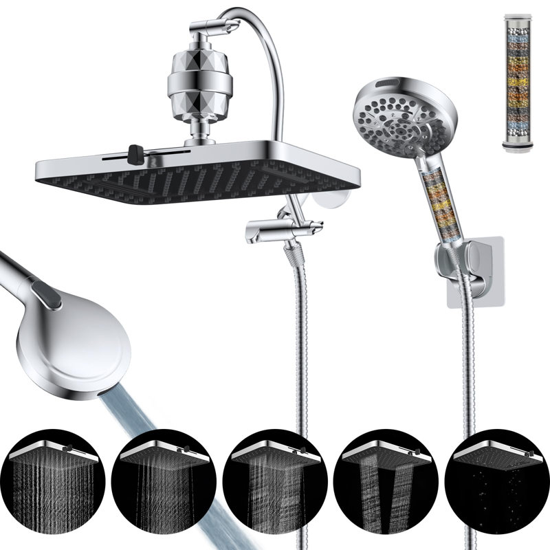 13'' High Pressure 5-Spray Rainfall Shower Head,With 10-Mode Handheld Spray, 20 Stage Shower Filter, 12'' Adjustable Extension Arm, 71'' Hose